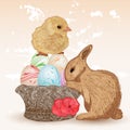 Easter scene with rabbit and chick Royalty Free Stock Photo