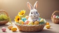 Easter scene with rabbit and colorful eggs. Small rabbit in yellow flower pot. Depicting rabbit in festive spring scene. Royalty Free Stock Photo