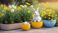 Easter scene with rabbit and colorful eggs. Small rabbit in yellow flower pot. Depicting rabbit in festive spring scene. Royalty Free Stock Photo