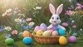 Easter scene with rabbit and colorful eggs. Small rabbit in yellow flower pot. Depicting rabbit in festive spring scene. Royalty Free Stock Photo