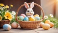 Easter scene with rabbit and colorful eggs. Small rabbit in yellow flower pot. Depicting rabbit in festive spring scene. Royalty Free Stock Photo