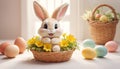 Easter scene with rabbit and colorful eggs. Small rabbit in yellow flower pot. Depicting rabbit in festive spring scene. Royalty Free Stock Photo