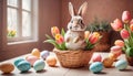 Easter scene with rabbit and colorful eggs. Small rabbit in yellow flower pot. Depicting rabbit in festive spring scene. Royalty Free Stock Photo