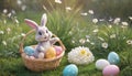 Easter scene with rabbit and colorful eggs. Small rabbit in yellow flower pot. Depicting rabbit in festive spring scene. Royalty Free Stock Photo