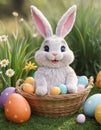 Easter scene with rabbit and colorful eggs. Small rabbit in yellow flower pot. Depicting rabbit in festive spring scene. Royalty Free Stock Photo