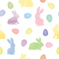 Easter seamless gentle vector pattern with bunnies and easter eggs over white background. Easter holiday decor for website,