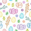 Easter seamless hand drawn pattern with cute outlined colourful painted easter eggs with green spring leaves, twigs and