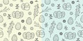 Easter seamless hand drawn pattern with cute outlined grey painted easter eggs with spring leaves, twigs and flowers