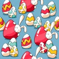 Easter seamless pattern with bunnies and easter eggs. Holiday background for wrapping paper, fabric. Doodle rabbits and