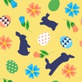 Easter seamless pattern. Bunny silhouette, festive egg, cute flowers. Pastel spring design with rabbit, floral funny Royalty Free Stock Photo