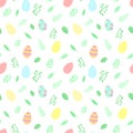 Easter seamless pattern with colorful eggs and green leaves on a transparent background. Vector hand-drawn illustration for spring Royalty Free Stock Photo