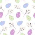 Easter seamless pattern with colorful Easter eggs and twigs in trendy hues. Happy Easter. Springtime