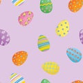 Easter seamless pattern with colourful painted eggs on the lilac background. Royalty Free Stock Photo