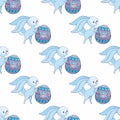 Easter seamless pattern with cute bunnies and colored eggs. Royalty Free Stock Photo