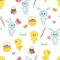Easter seamless pattern. Cute bunny, chicken, easter cake, basket with colored eggs, butterfly, grass, pussy-willow twig