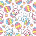 Easter seamless pattern with cute bunny and colorful egg on polkadot background for kid wallpaper and scrap paper