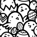 Easter seamless pattern with cute cartoon chicks on a white background. Painted eggs print. Royalty Free Stock Photo