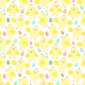 Easter seamless pattern with cute chicks and eggs on a transparent background. Vector hand-drawn illustration of chicken for sprin