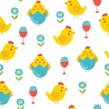 Easter seamless pattern with cute chicks. Spring chick in eggshell background Royalty Free Stock Photo