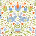 Easter seamless pattern with cute decorative bunnies, flowers and leaves. Folk motif.