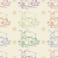 Easter seamless pattern with cute Easter bunnies, eggs and flowers. Royalty Free Stock Photo