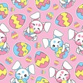 Easter seamless pattern with cute rabbits and colorful eggs on pink background for kid wallpaper, postcard and scrap paper
