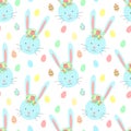 Easter seamless pattern with cute rabbits, eggs and flowers on a transparent background. Vector hand-drawn illustration of bunny f Royalty Free Stock Photo