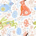 Easter seamless pattern with decorative bunny, various colored eggs, flowers and leaves.