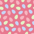 Easter seamless pattern with different colorful Easter eggs in trendy hues. Happy Easter. Springtime