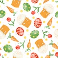 Easter seamless pattern with Easter cake, eggs, tulip and carrot.