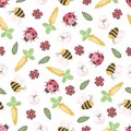 Easter seamless pattern with egg, carrot, flower, bee, ladybug and leaf. Royalty Free Stock Photo