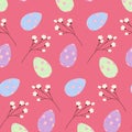 Easter seamless pattern with Easter eggs and twigs in trendy coral shades. Happy Easter. Springtime