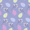 Easter seamless pattern with Easter eggs and twigs in trendy shades. Happy Easter. Springtime. EPS