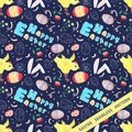 Easter seamless pattern flat illustration in the style of childrens doodle Beautiful lettering chicken and colored eggs drawings