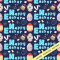 Easter seamless pattern flat illustration in the style of childrens doodle Beautiful lettering and colored eggs drawings are