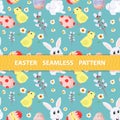 Easter seamless pattern flat illustration in the style of childrens doodle Rabbit with chicken and colored eggs drawings are