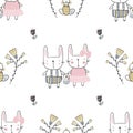 Easter seamless pattern with flowers, family of bunnies. Handwritten vector illustration