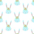 Easter seamless pattern of funny rabbit with flowers on a transparent background. Vector hand-drawn illustration of bunny for spri