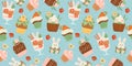 Easter seamless pattern with funny sweets. Cupcake, cake, dessert with easter symbols. Vector design