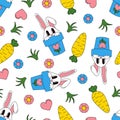 Easter seamless pattern in groove style with a cute bunny in a pot, carrots, flower, heart, and blade of grass.