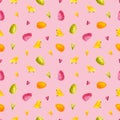 Easter seamless pattern. Hand drawn illustration is isolated on pink. Painted watercolor chick, eggs, hearts