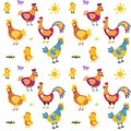 Easter seamless pattern with hen and nest. hen and chicken, rooster vector