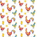 Easter seamless pattern with hen and nest. hen and chicken, rooster vector
