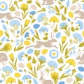Easter. Seamless pattern with jumping easter bunnies, flowers, eggs. Cute texture for the design of surfaces.