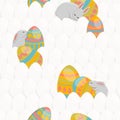 Easter seamless pattern. Little cute rabbit sleeps near a decorated easter egg. Background of white eggs.