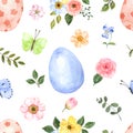 Easter seamless pattern on a pastel pink background. Colored eggs, pretty spring flowers, and butterflies watercolor illustration