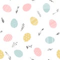 Easter seamless pattern in pastel spring colors. Background with easter eggs and plants