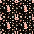 Easter seamless pattern with bunny, cakes, eggs, willow. Easter bunnies decorate Easter cakes and steal eggs Royalty Free Stock Photo