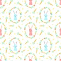Easter seamless pattern with rabbits, carrots and flowers on a transparent background. Vector hand-drawn illustration of bunny for Royalty Free Stock Photo