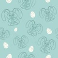 Easter seamless pattern rabbits holding eggs Blue